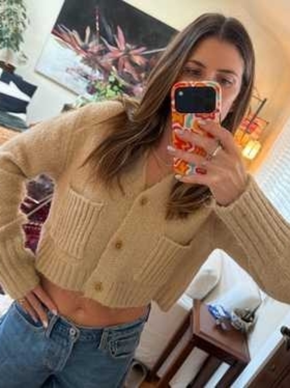 Zara Tan Knit Cropped Cardigan Sweater Size M Fuzzy Knit Pockets Cozy
